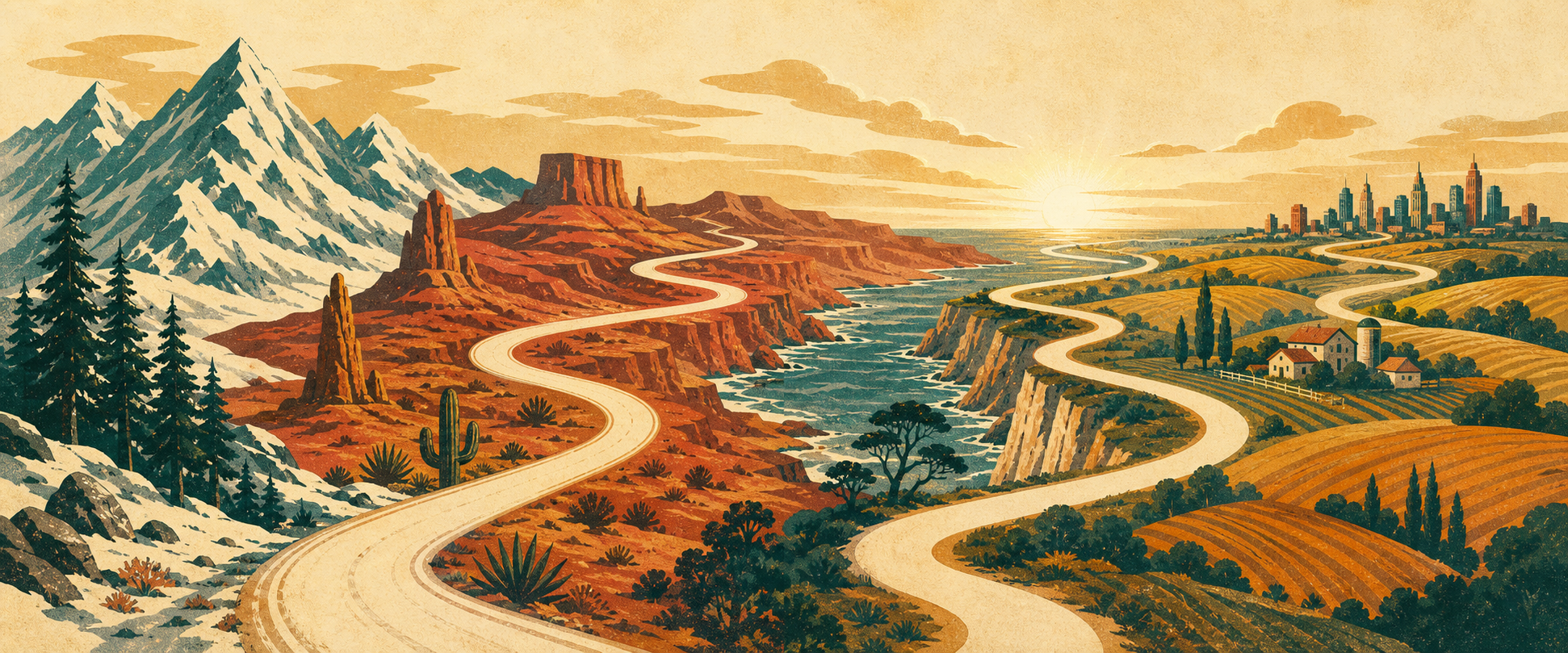 A winding road threading through mountains, desert, sea cliffs, farmland and a distant city — vintage travel-poster style (generated art, decorative only)